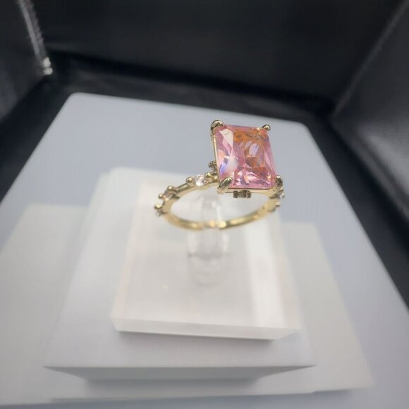 Pink Radiant-Cut Gemstone Ring With Gold-Plated Brass Band & Micro Insert Inlay - Picture 2 of 9